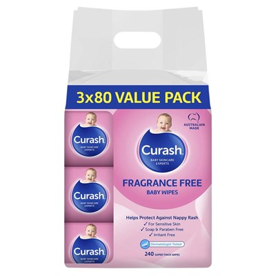 Curash Fragrance Free Baby Wipes 3 x 80 Pack